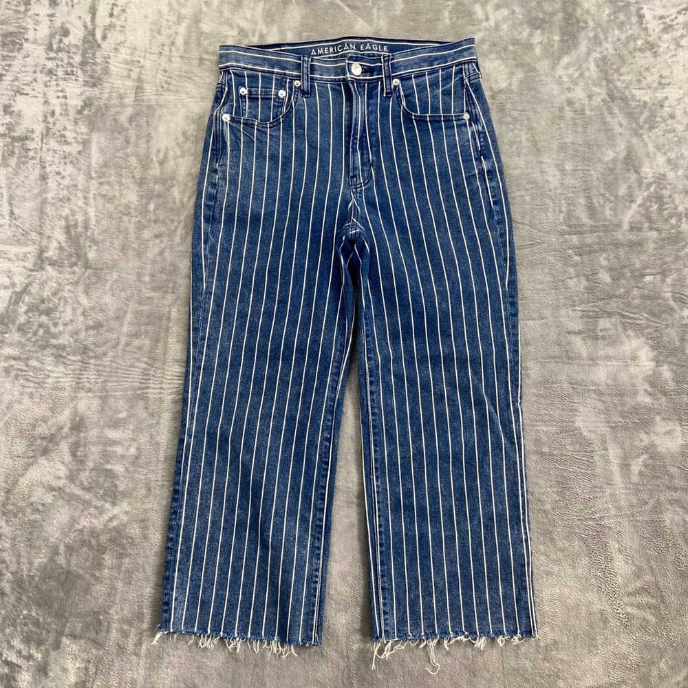 American Eagle Women's Striped Wide Leg Crop Jeans Size 2 Blue Denim